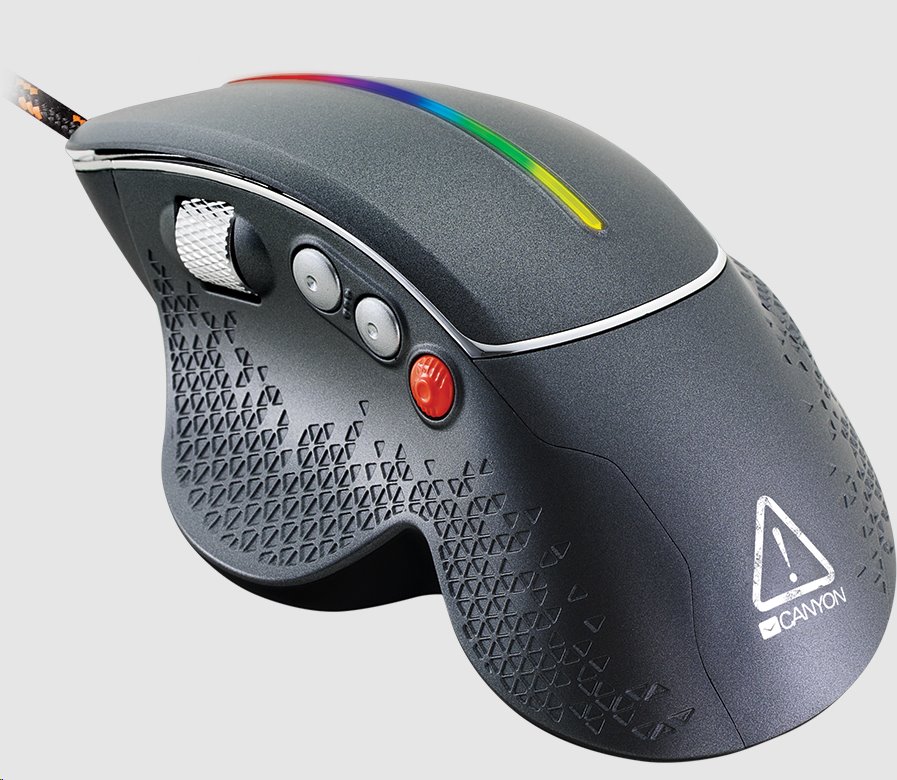 CANYON Herní myš APSTAR, 6 programovatelných tlačítek, senzor Sunplus, až 6400 DPI, opletený kabel,RGB podsvícení, šedá