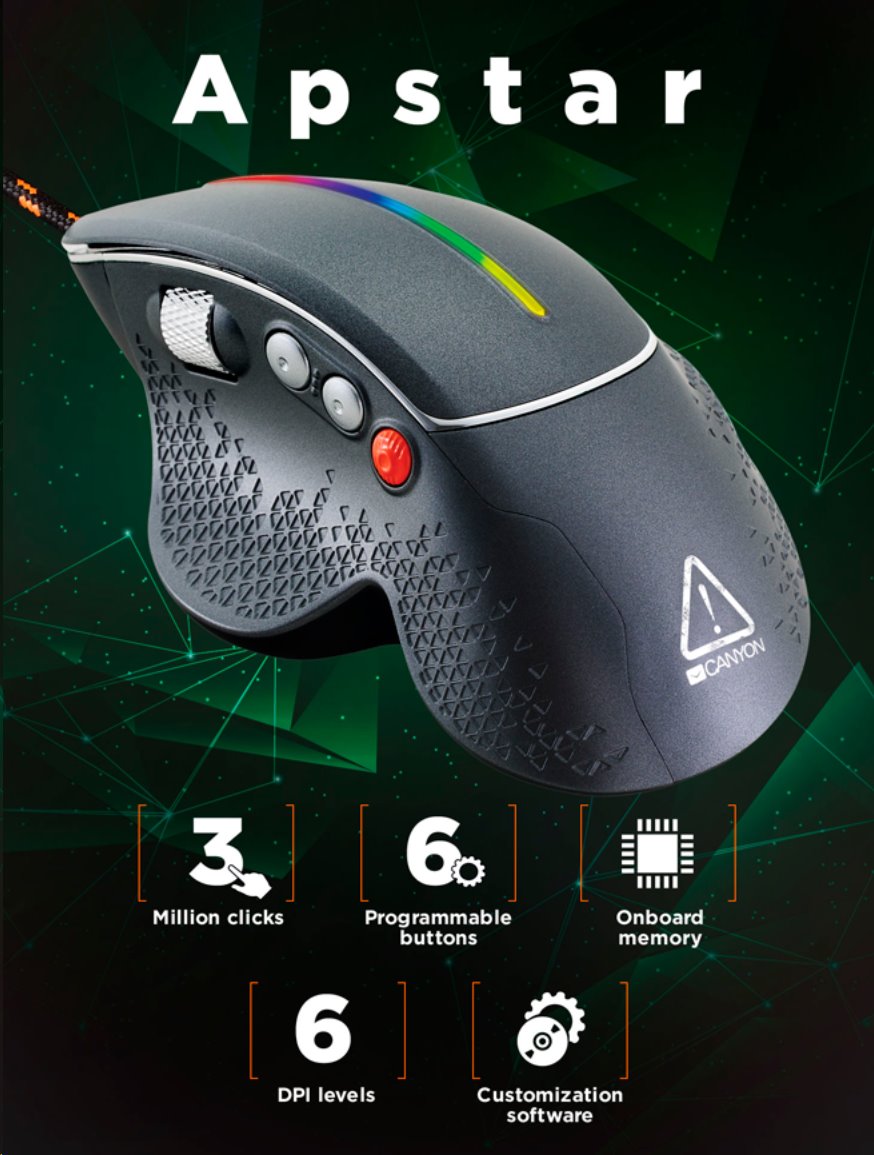 CANYON Herní myš APSTAR, 6 programovatelných tlačítek, senzor Sunplus, až 6400 DPI, opletený kabel,RGB podsvícení, šedá