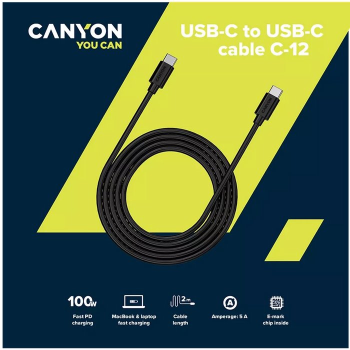CANYON kabel UC-12, USB-C – USB-C (100W, 20V/5A) 2m, černá