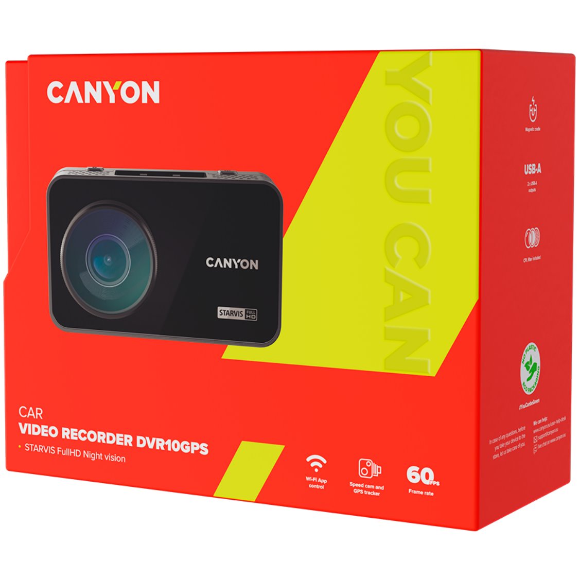 CANYON kamera do auta DVR25GPS,WQHD@60fps,CMOS sensor Sony,úhel 140°,Wi-Fi,USB-C,detekce pohybu,noční vidění
