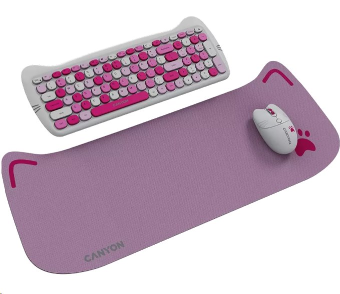 CANYON Kitty edice HSET-W6, bezdrátový SET CS klávesnice + optická myš + ochranné pouzdro + podložka, růžová