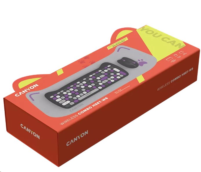 CANYON Kitty edice HSET-W6, bezdrátový SET CS klávesnice + optická myš + ochranné pouzdro + podložka, šedofialová