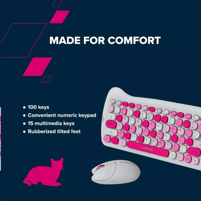 CANYON Kitty edice HSET-W6, bezdrátový SET EN klávesnice + optická myš + ochranné pouzdro + podložka, růžová