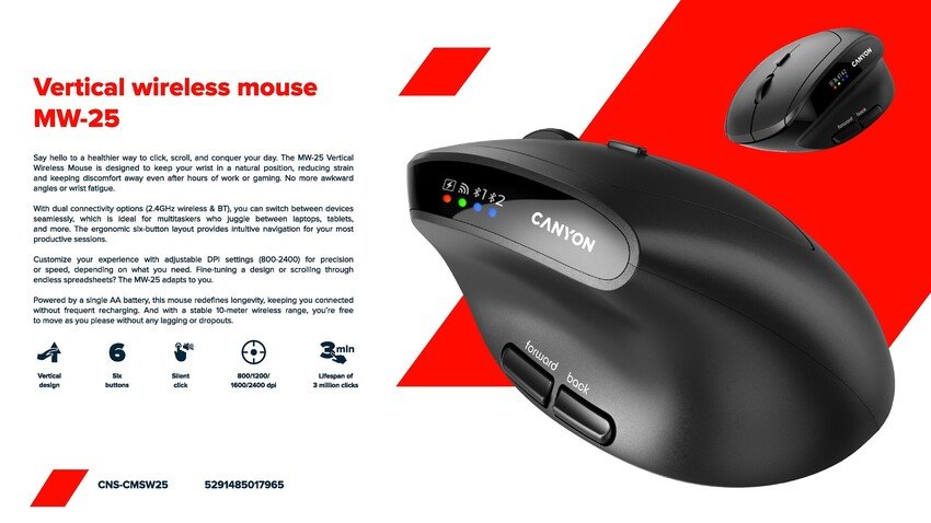 CANYON mouse MW-25 Ergonomic LED AA Dual mode Wireless Black