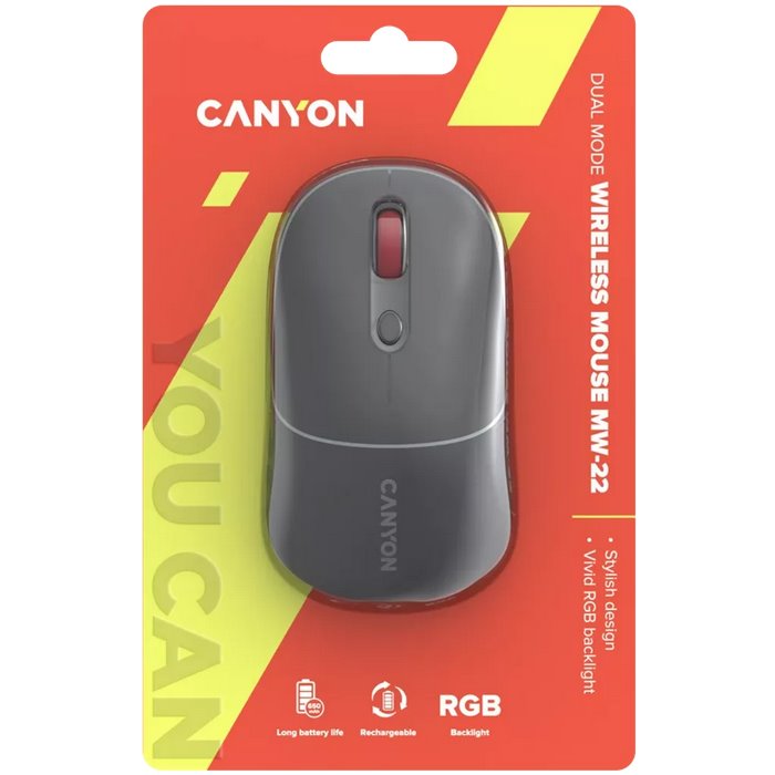 CANYON myš optická bezdrátová MW-22, RGB, 800/1200/1600 dpi, 4 tl, BT+2,4GHz, baterie 650mAh, dark grey