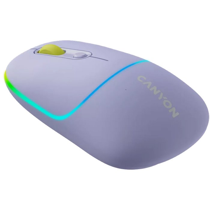 CANYON myš optická bezdrátová MW-22, RGB, 800/1200/1600 dpi, 4 tl, BT+2,4GHz, baterie 650mAh, mountain lavender