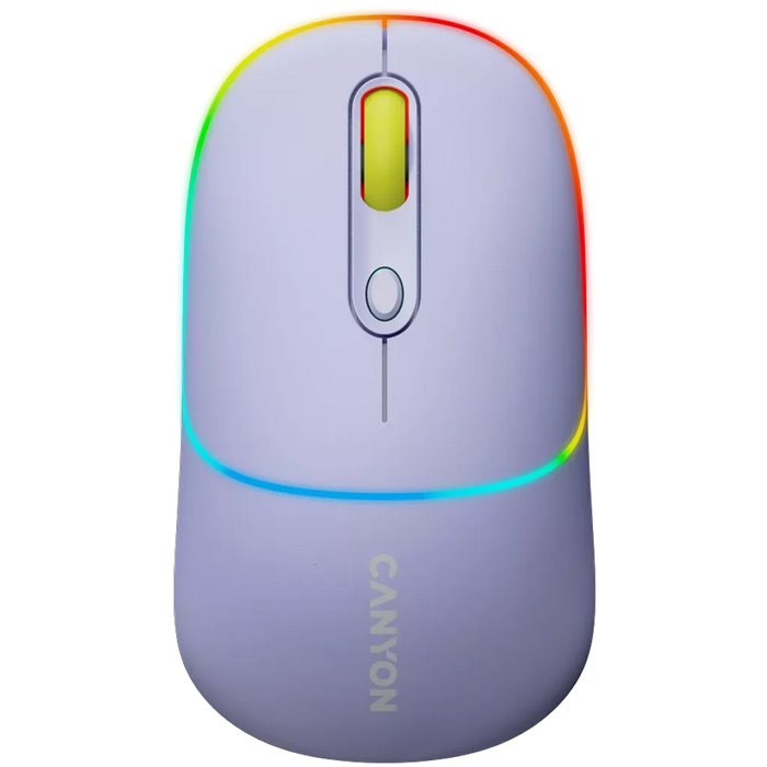 CANYON myš optická bezdrátová MW-22, RGB, 800/1200/1600 dpi, 4 tl, BT+2,4GHz, baterie 650mAh, mountain lavender
