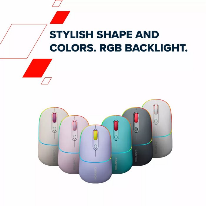 CANYON myš optická bezdrátová MW-22, RGB, 800/1200/1600 dpi, 4 tl, BT+2,4GHz, baterie 650mAh, mountain lavender