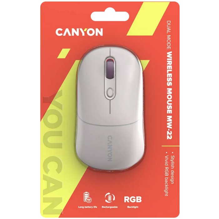 CANYON myš optická bezdrátová MW-22, RGB, 800/1200/1600 dpi, 4 tl, BT+2,4GHz, baterie 650mAh, rice