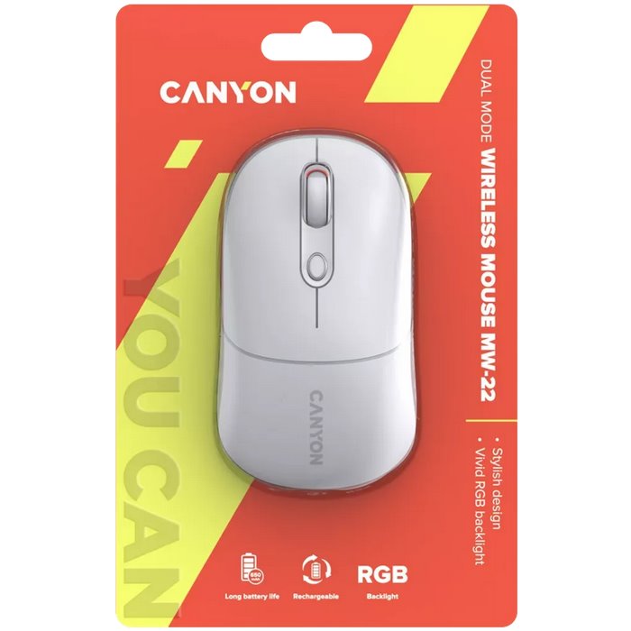 CANYON myš optická bezdrátová MW-22, RGB, 800/1200/1600 dpi, 4 tl, BT+2,4GHz, baterie 650mAh, snow white