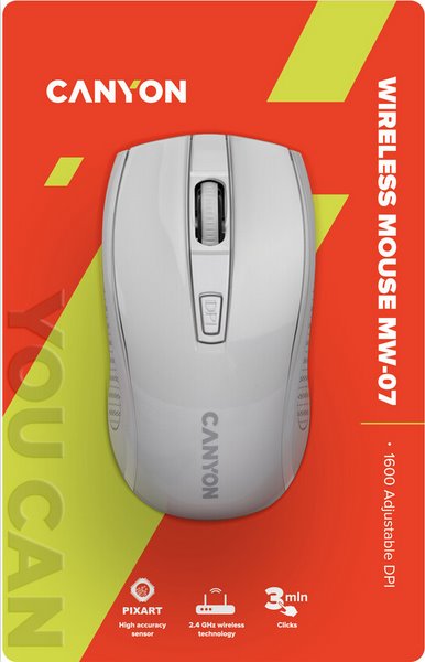 CANYON myš optická bezdrátová MW-7, nastavitelné rozlišení 800/1200/1600 dpi, 4 tl, USB dongle, 1xAA, bílá