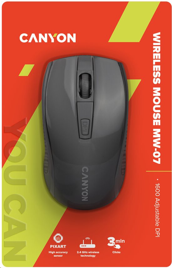 CANYON myš optická bezdrátová MW-7, nastavitelné rozlišení 800/1200/1600 dpi, 4 tl, USB dongle, 1xAA, černá
