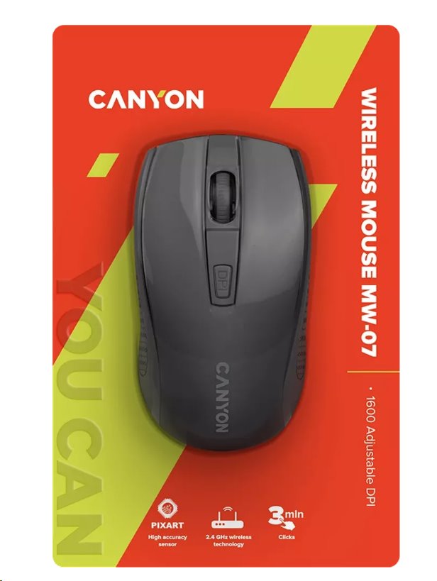 CANYON myš optická bezdrátová MW-7, nastavitelné rozlišení 800/1200/1600 dpi, 4 tl, USB dongle, 1xAA, černá