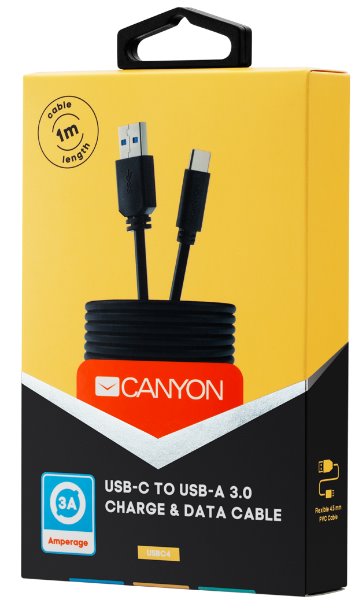 CANYON Nabíjecí kabel C-4. USB-C - USB 3.0, 5V 3A, OD 4.5mm, PVC, 1m, černá