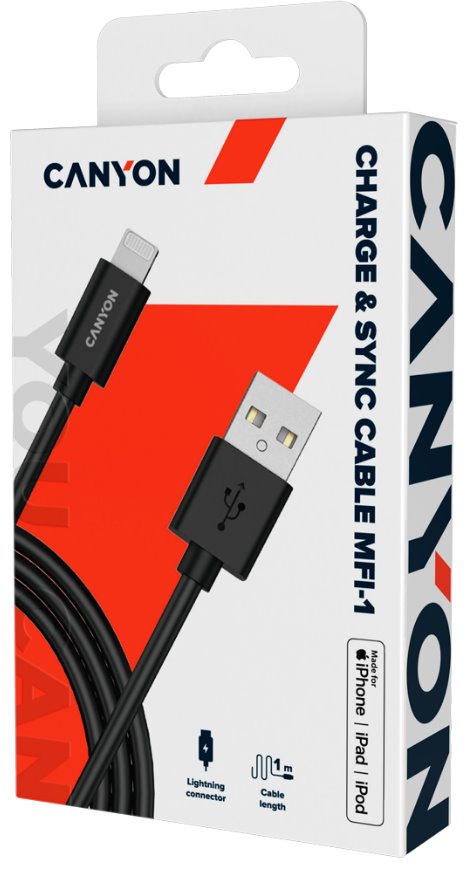 CANYON nabíjecí kabel Lightning MFI-1, kompaktní, Apple certifikát, délka 1m, černá