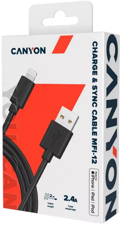 CANYON nabíjecí kabel Lightning MFI-12, 26MB/s, 5V/2.4A, Apple certifikát, délka 2m, bílá