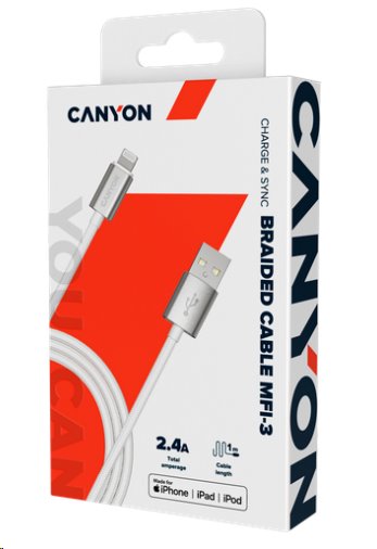 CANYON nabíjecí kabel Lightning MFI-3, opletený, Apple certifikát, délka 1m, tmavě šedý