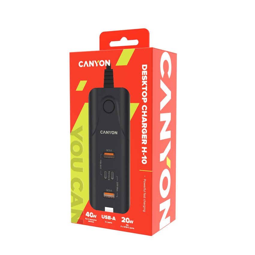 CANYON nabíječka H-10 do sítě 2xUSB-C (PD 20W) + 2x USB-A (QC 3.0 18W), ochrana, 100V-240V, výstup až 40W, 1m, černá
