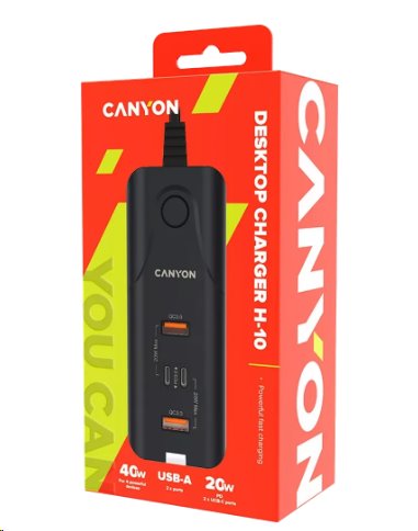 CANYON nabíječka H-10 do sítě 2xUSB-C (PD 20W) + 2x USB-A (QC 3.0 18W), ochrana, 100V-240V, výstup až 40W, 1m, černá