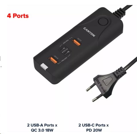 CANYON nabíječka H-10 do sítě 2xUSB-C (PD 20W) + 2x USB-A (QC 3.0 18W), ochrana, 100V-240V, výstup až 40W, 1m, černá