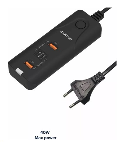 CANYON nabíječka H-10 do sítě 2xUSB-C (PD 20W) + 2x USB-A (QC 3.0 18W), ochrana, 100V-240V, výstup až 40W, 1m, černá