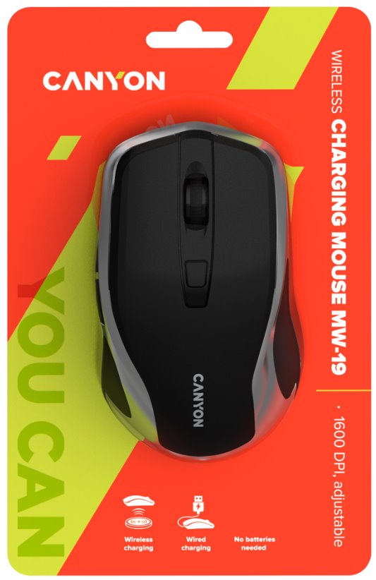 CANYON optická silent myš s bezdrátovým nabíjením, senzor Pixart, rozlišení 800/1200/1600DPI, 6 tlačítek, černo-stříbrná