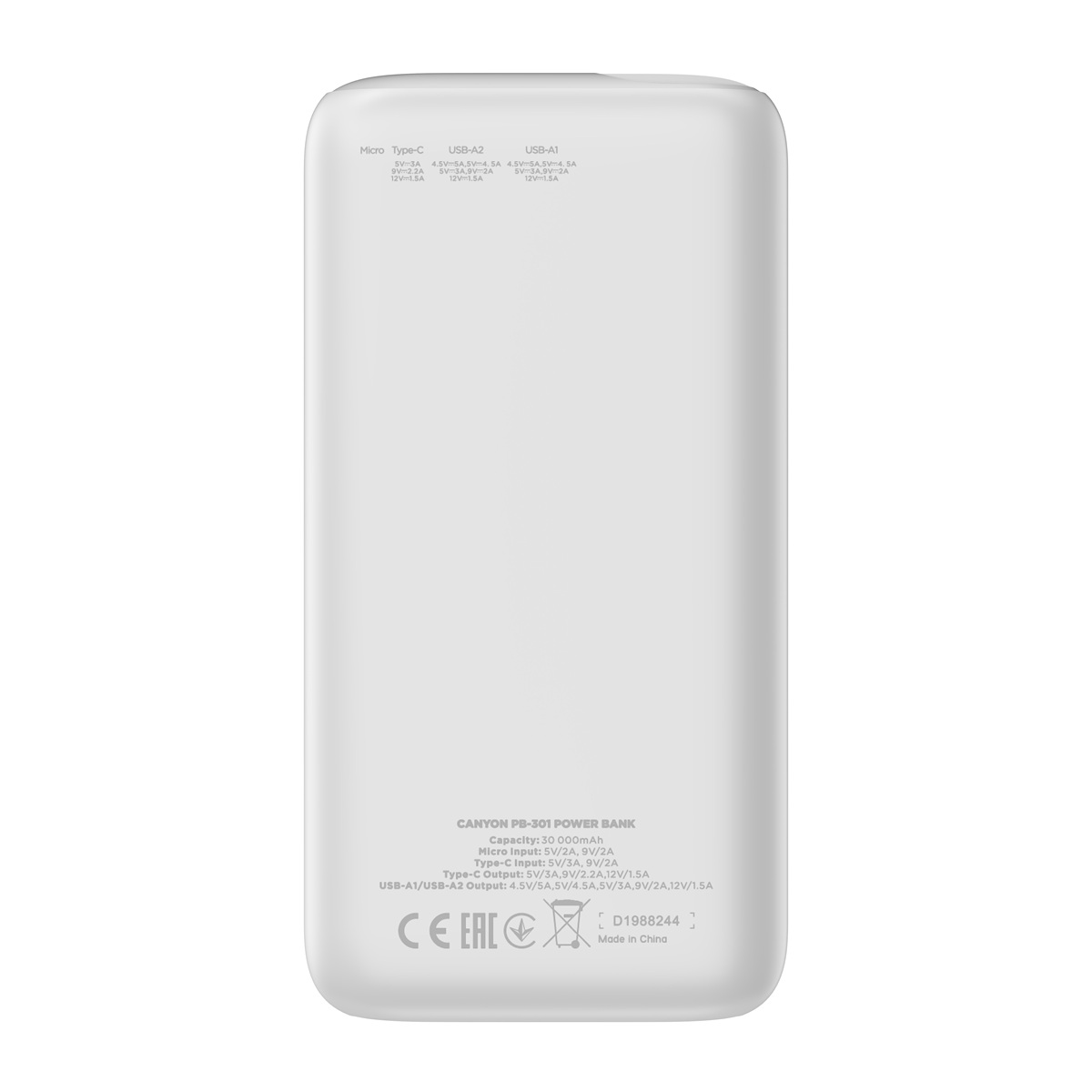 CANYON Power Bank PB-301, 30000mAh, bílá