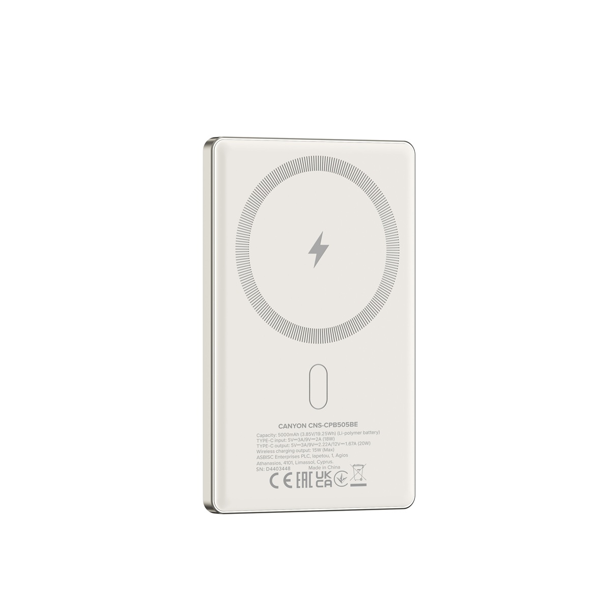CANYON Power bank PB-505 slim Magsafe 5000 mAh PD20W, Beige