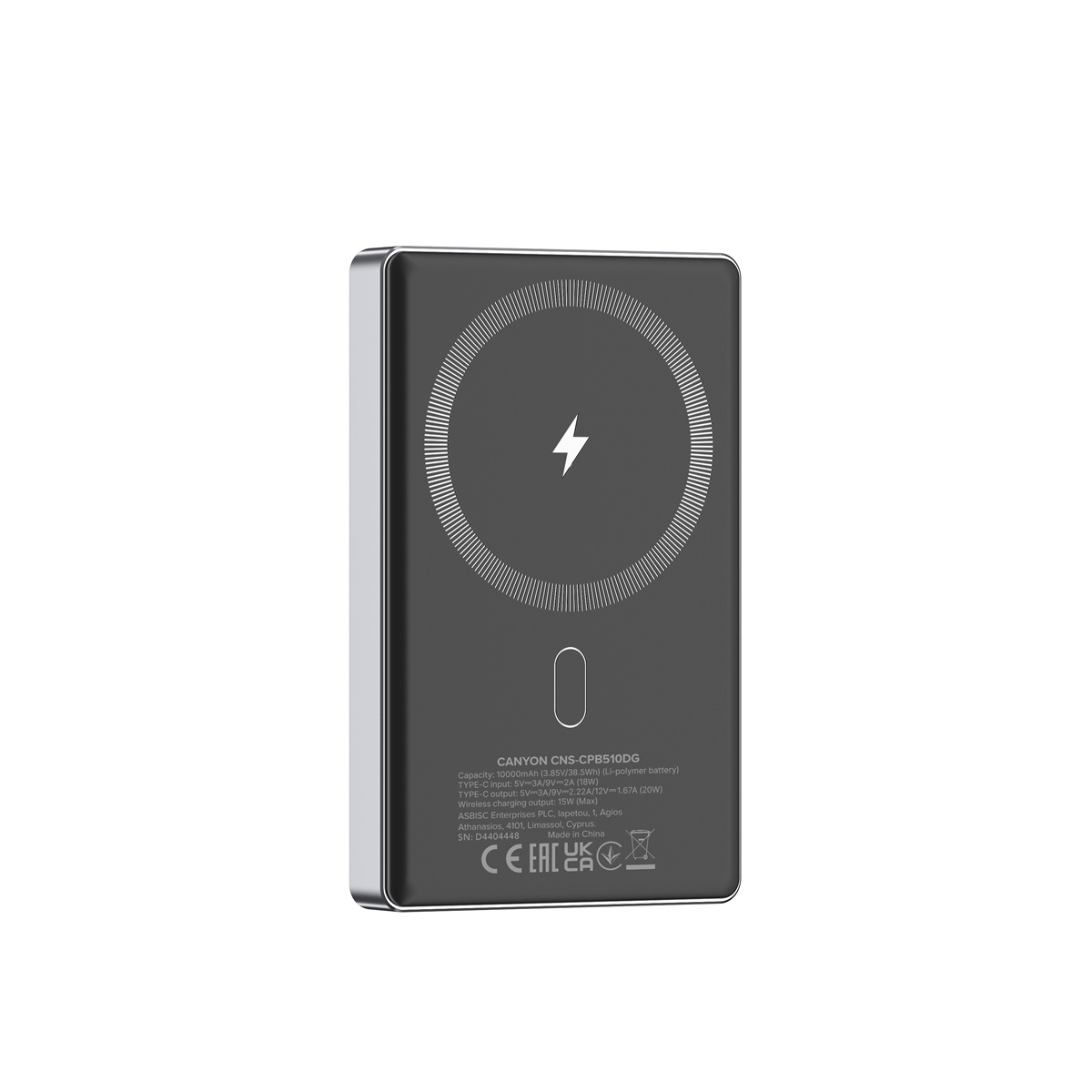CANYON Power Bank PB-510, 10000 mAh, Magsafe wireless, 20W, Dark grey