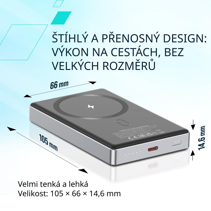 CANYON Power Bank PB-510, 10000 mAh, Magsafe wireless, 20W, Dark grey