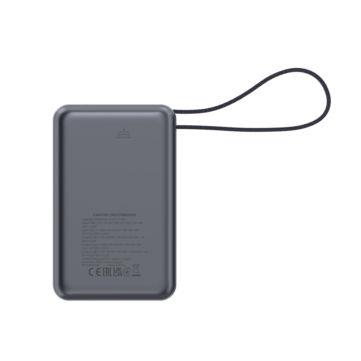 CANYON Power Bank PB-600, 20000mAh PD65W, dark grey