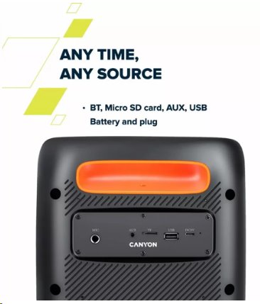 CANYON přenosný párty reproduktor OnFun 5, 40W, RGB, BT5, USB-A, microSD, AUX, 6,3mm jack, režim TWS, černý