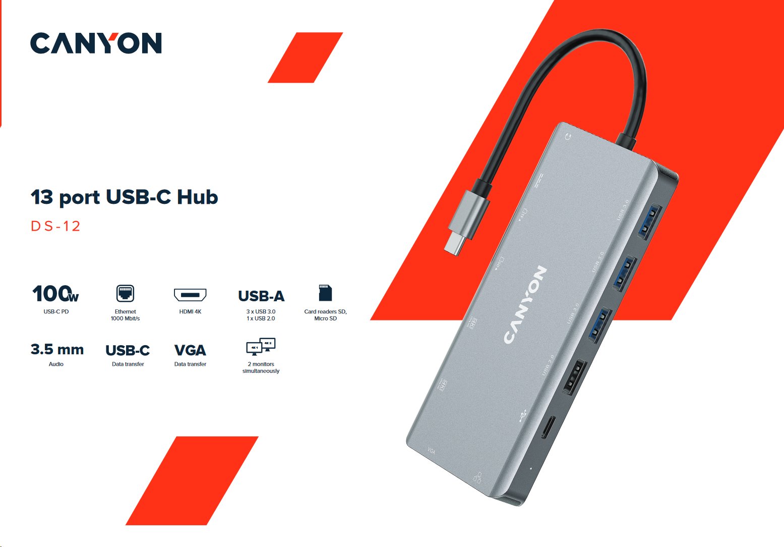 CANYON replikátor portů DS-12 13v1, 1xUSB-C PD 100W, 2xHDMI (4K), VGA, 4xUSB-A, RJ45 Gb, 3.5mm jack, SD/micro čtečka