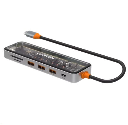 CANYON replikátor portů DS-13 7v1, 1xUSB-C PD 100W, 1xHDMI (4K), 3x USB 3.0, SD/micro čtečka, průhledný