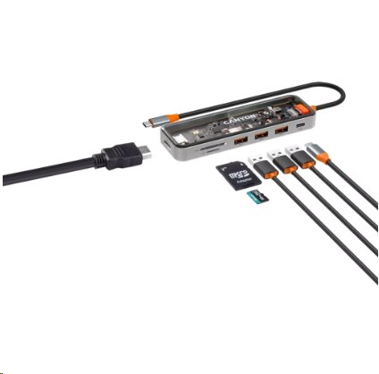 CANYON replikátor portů DS-13 7v1, 1xUSB-C PD 100W, 1xHDMI (4K), 3x USB 3.0, SD/micro čtečka, průhledný