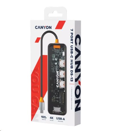 CANYON replikátor portů DS-13 7v1, 1xUSB-C PD 100W, 1xHDMI (4K), 3x USB 3.0, SD/micro čtečka, průhledný