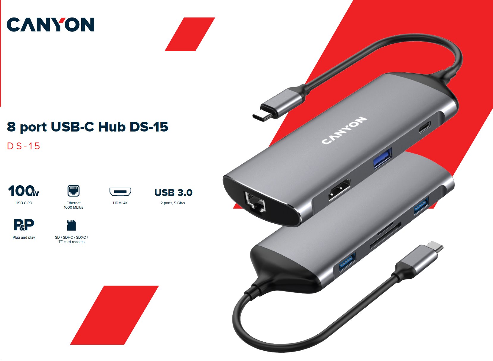 CANYON replikátor portů DS-15 8v1, 1xUSB-C PD 100W, 1xHDMI (4K), VGA, 2xUSB-A 3.0, 1xUSB-A 2.0 RJ45 Gb, 3.5mm jack, SD/m