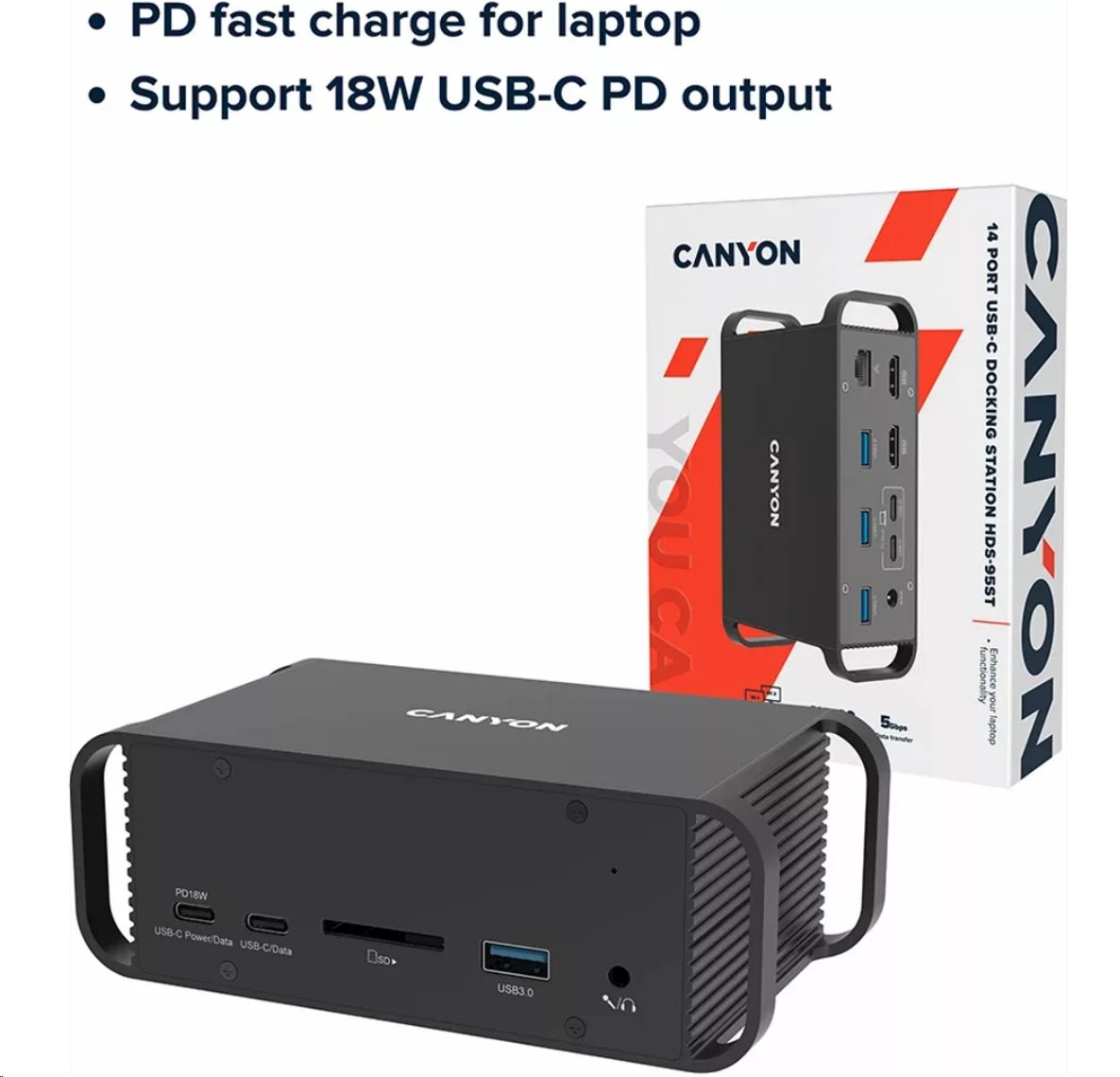 CANYON replikátor portů DS-95 14v1,4xUSB-C PD 18W,2xHDMI (4K@60Hz),2xUSB-A 3.0,2xUSB-A 2.0, RJ45 Gb,card reader,3.5mm