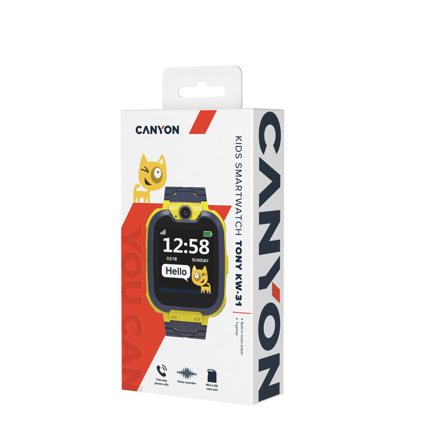CANYON smart hodinky Tony KW-31 YELLOW,1,54" GSM, microSIM, 32MB paměť, kamera 0.3Mpx, volání, 7 her, microSD slot