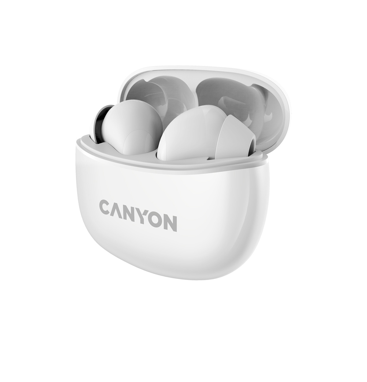 CANYON TWS-5 BT sluchátka s mikrofonem, BT V5.3 JL 6983D4, pouzdro 500mAh+40mAh až 38h, bílá