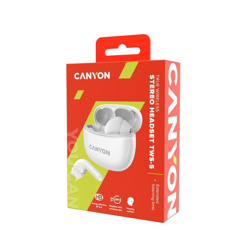 CANYON TWS-5 BT sluchátka s mikrofonem, BT V5.3 JL 6983D4, pouzdro 500mAh+40mAh až 38h, bílá