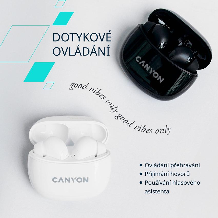 CANYON TWS-5 BT sluchátka s mikrofonem, BT V5.3 JL 6983D4, pouzdro 500mAh+40mAh až 38h, bílá