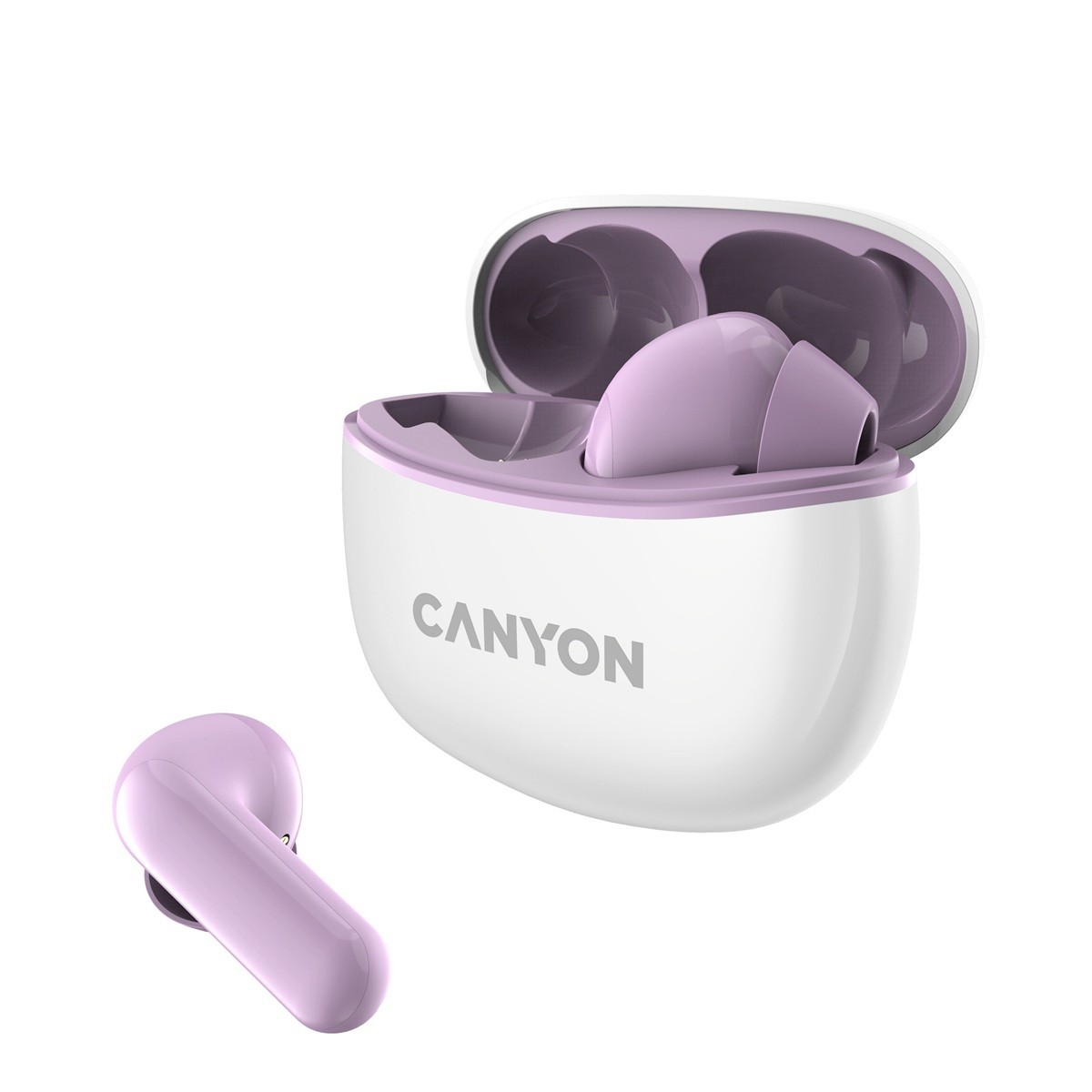 CANYON TWS-5 BT sluchátka s mikrofonem, BT V5.3 JL 6983D4, pouzdro 500mAh+40mAh až 38h, šeříková