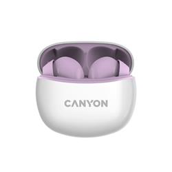 CANYON TWS-5 BT sluchátka s mikrofonem, BT V5.3 JL 6983D4, pouzdro 500mAh+40mAh až 38h, šeříková