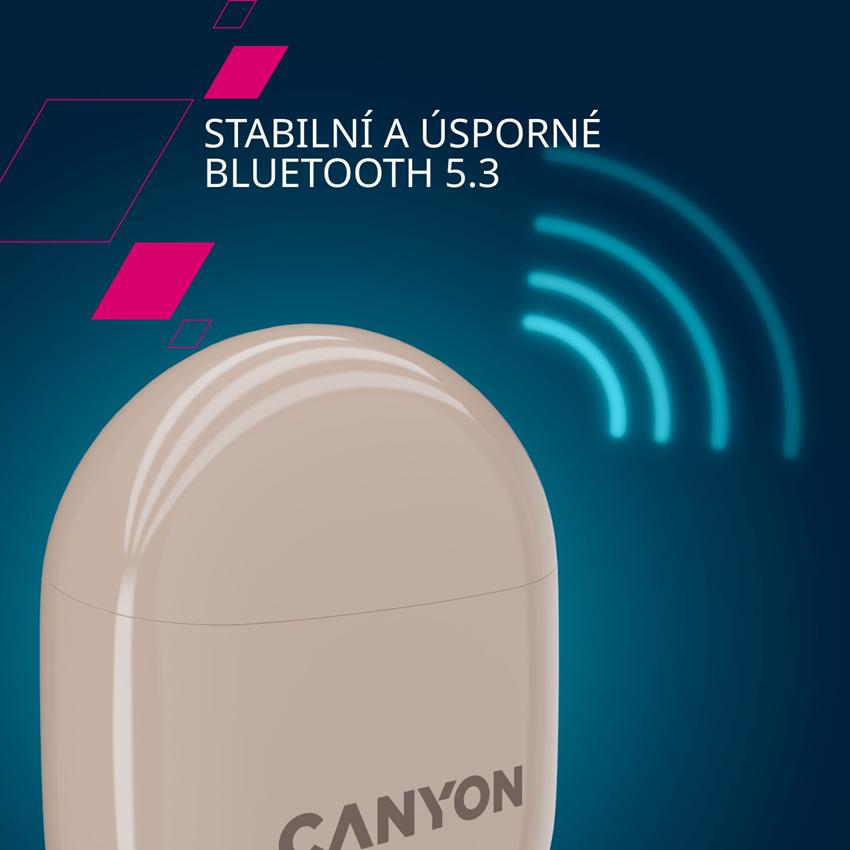 CANYON TWS-6 BT sluchátka s mikrofonem, BT V5.3 JL 6976D4, pouzdro 400mAh+30mAh až 21h, béžová