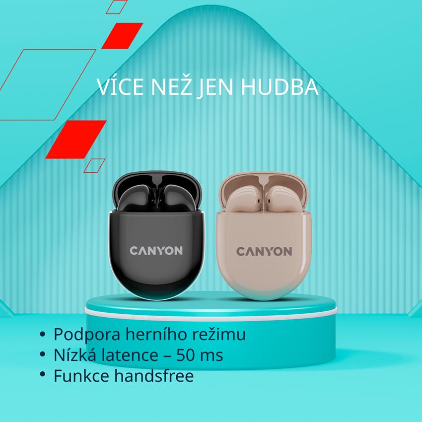 CANYON TWS-6 BT sluchátka s mikrofonem, BT V5.3 JL 6976D4, pouzdro 400mAh+30mAh až 22h, černá