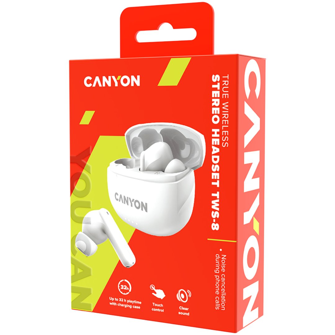 CANYON TWS-8 BT sluchátka s mikrofonem, BT V5.3 JL 6976D4, pouzdro 470mAh+40mAh až 32h, bílá