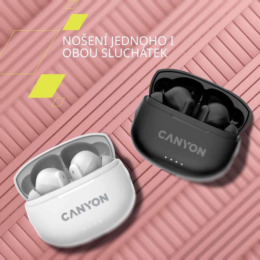 CANYON TWS-8 BT sluchátka s mikrofonem, BT V5.3 JL 6976D4, pouzdro 470mAh+40mAh až 32h, černá