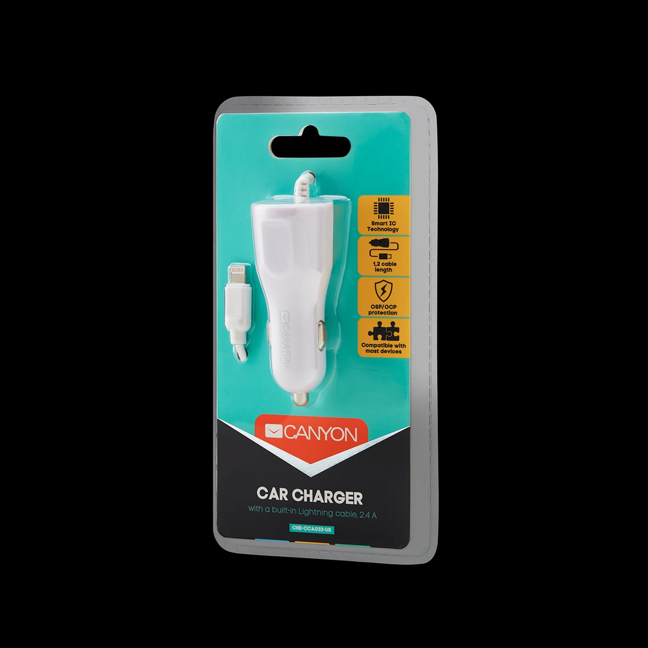 CANYON Univerzální 1xUSB auto nabíječka s lighting kabelem, Input 12V-24V, Output 5V-2.4A, Smart IC, černá