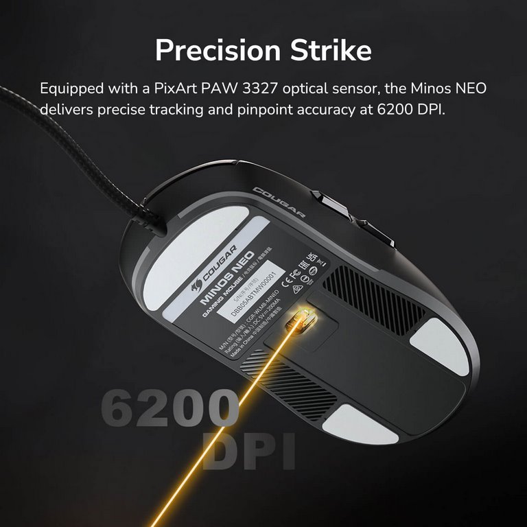 COUGAR herní myš drátová MINOS NEO BLACK, 6 tl., čip PixArt 3327, 6000dpi, 220 IPS, 63g, USB-A, Ultraflex kabel 1.8m